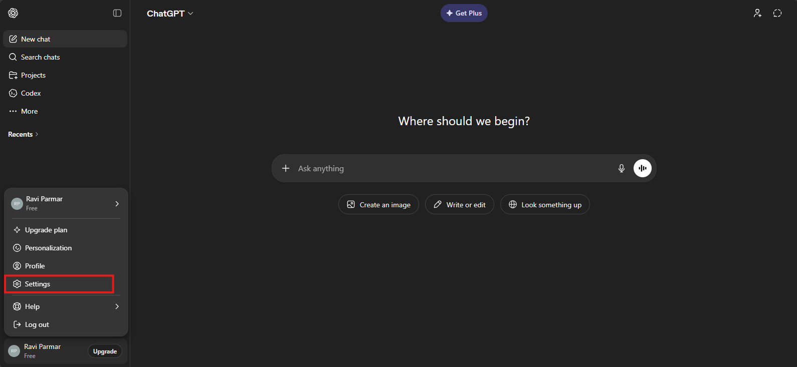 Click ChatGPT Settings menu
