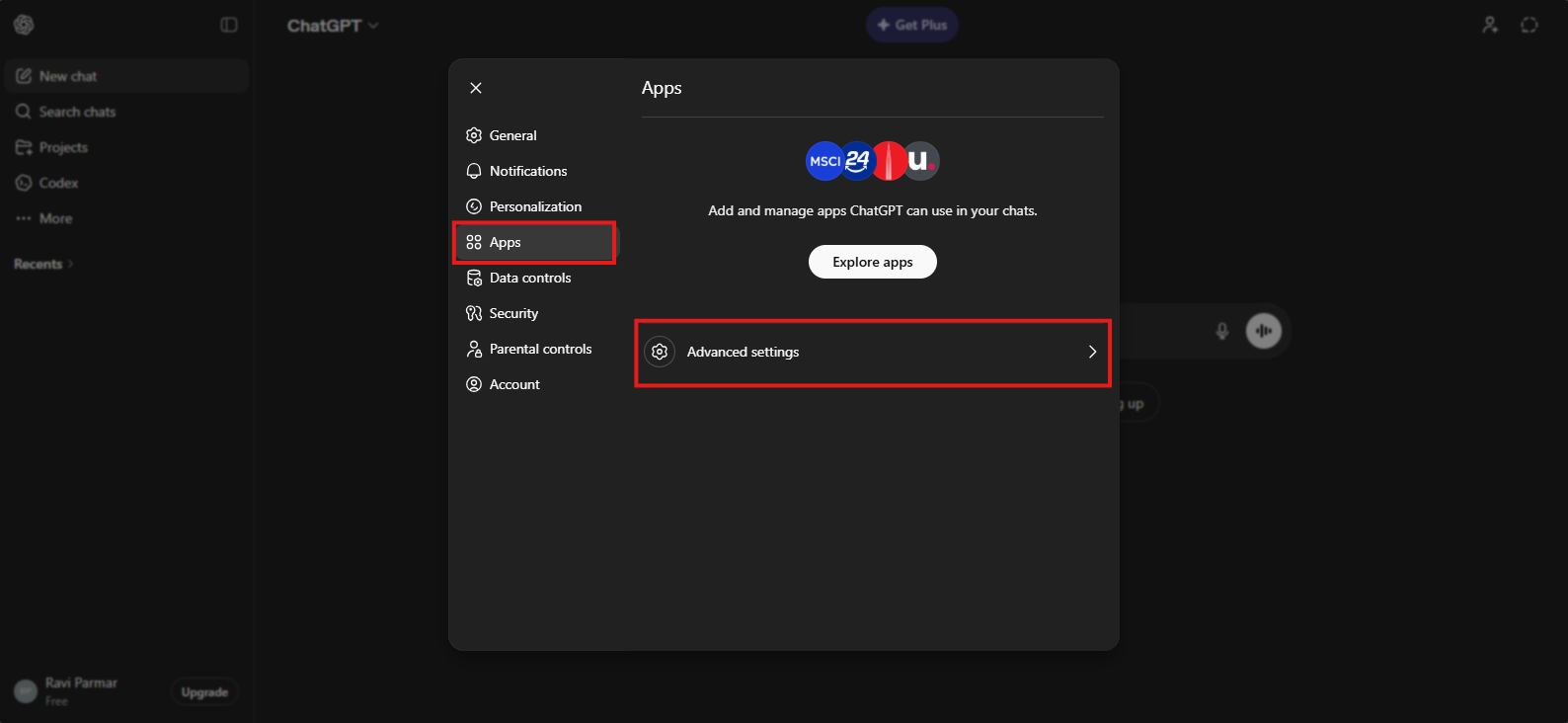 Open Apps and Advanced settings