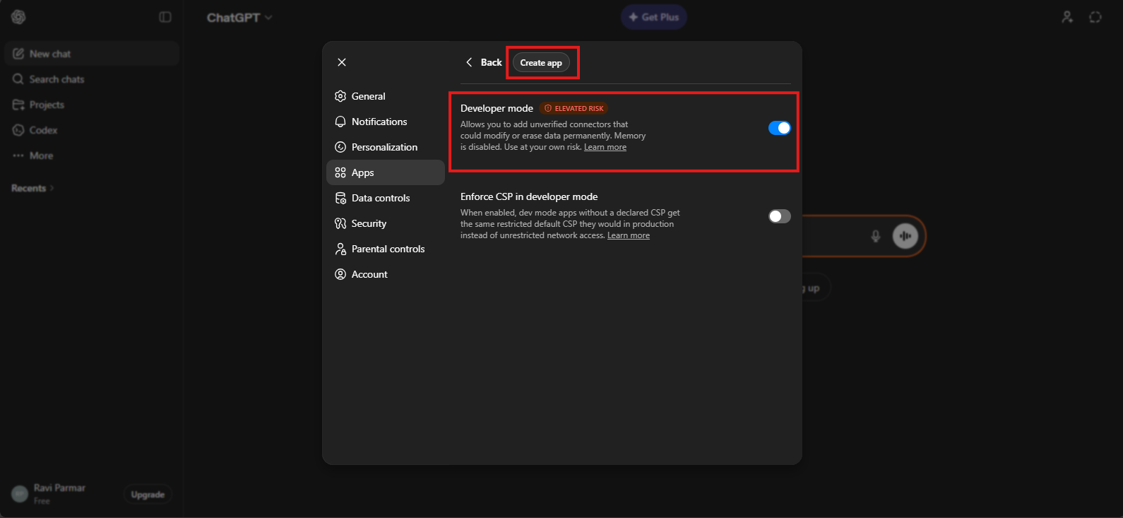 Enable Developer mode and click Create app