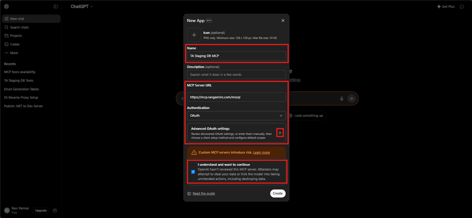 Enter ChatGPT MCP app details and open Advanced OAuth settings