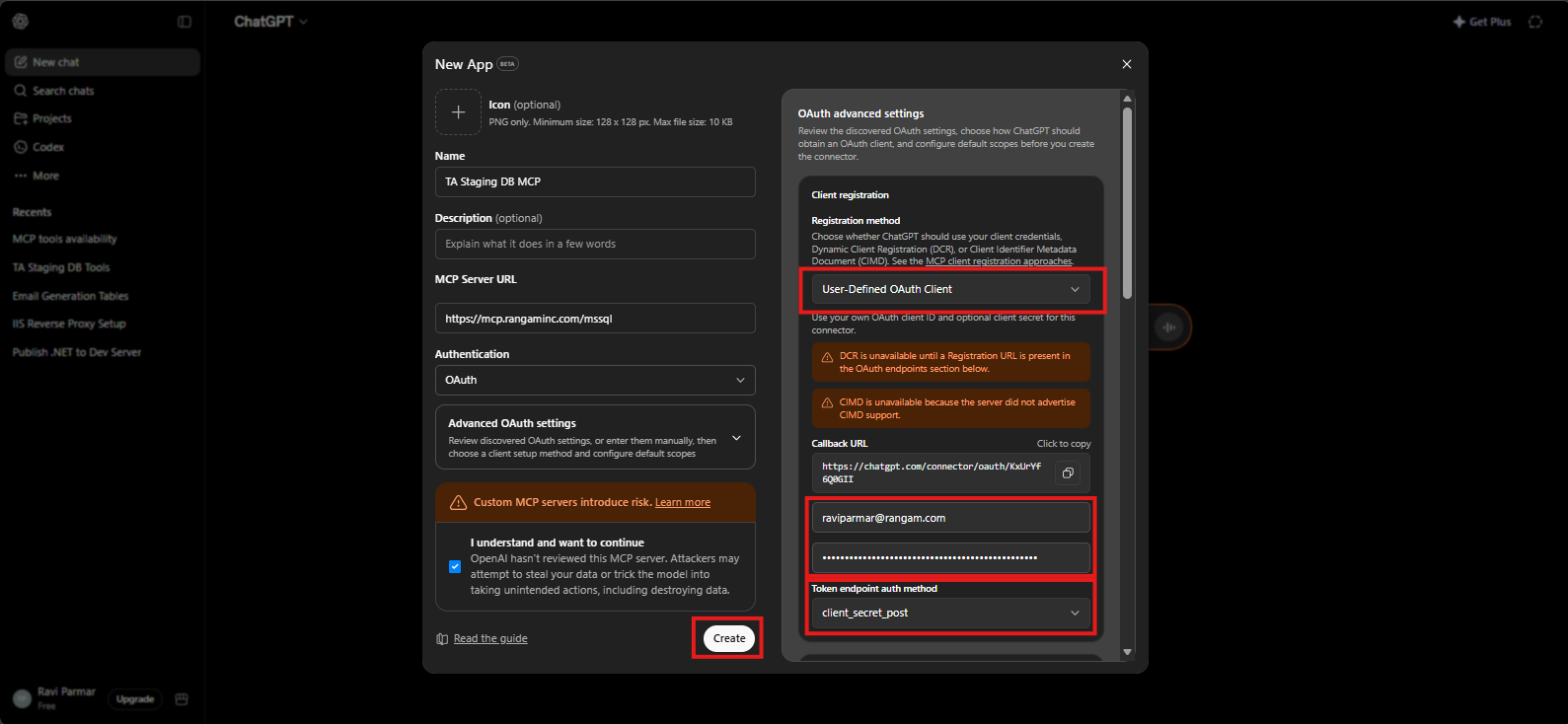 Configure ChatGPT Advanced OAuth settings and create the app