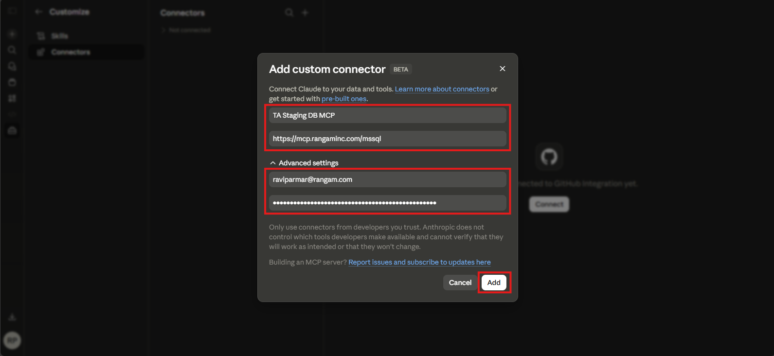 Enter Claude MCP title, URL, email, and OAuth Secret