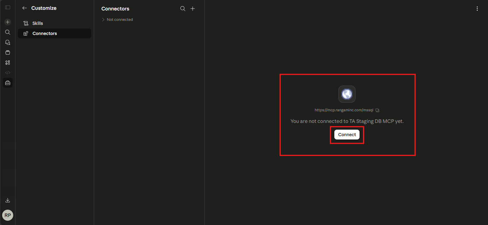 Click Claude Connect button for the custom MCP connector